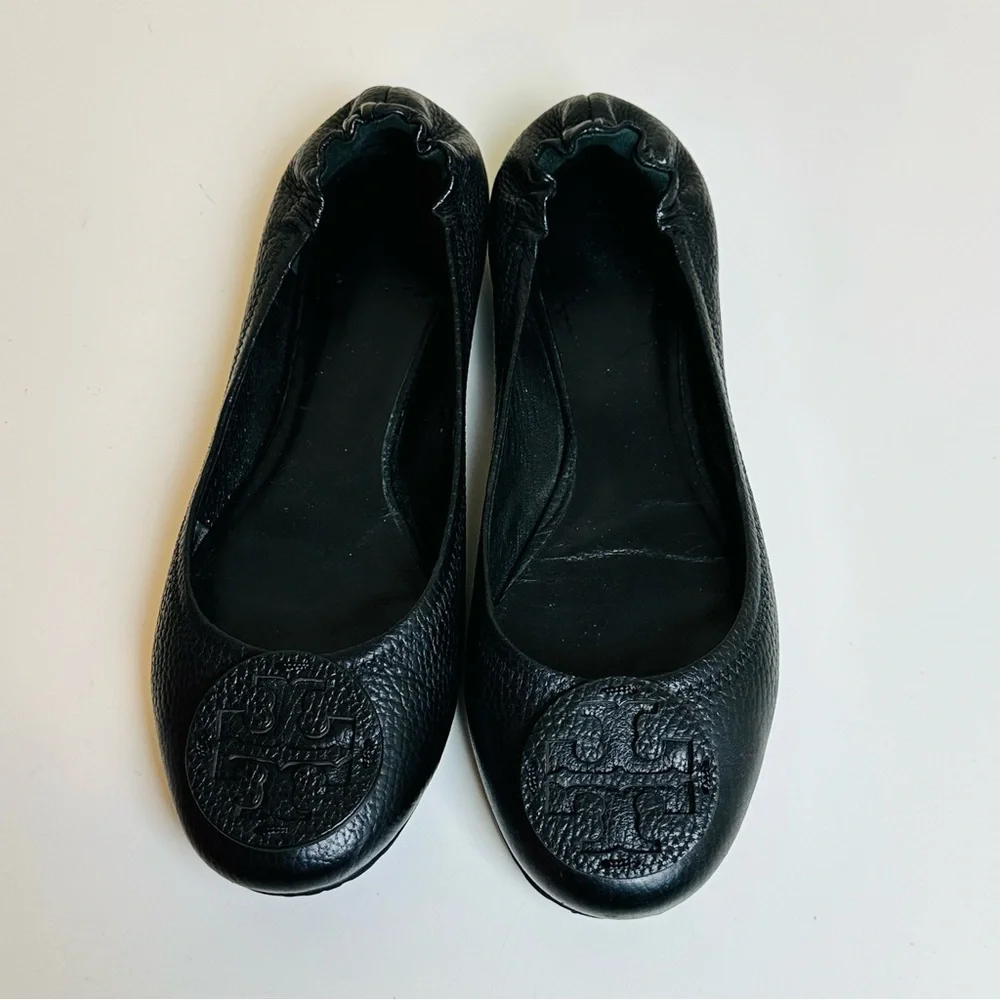 Tory Burch Black Leather Logo Ballet Flats